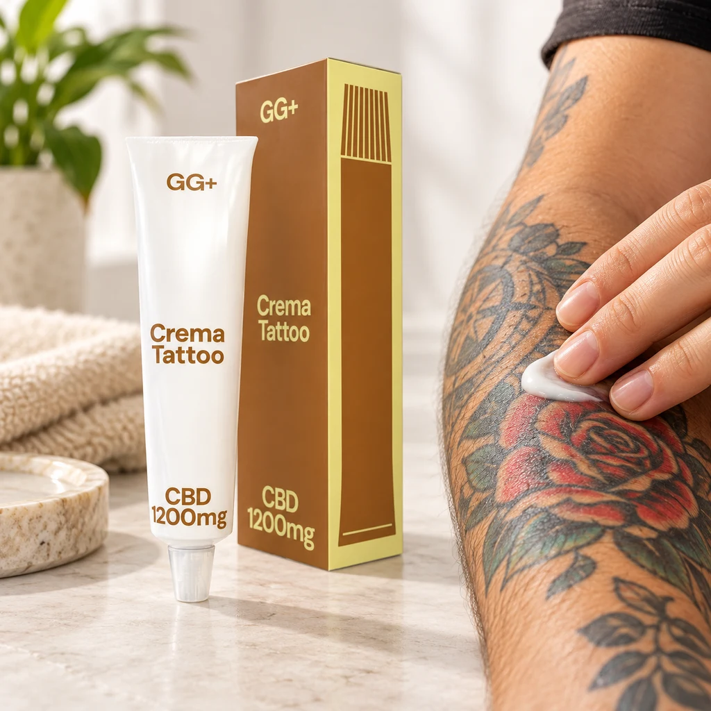 Una mano extiende crema blanca sobre un antebrazo tatuado junto a un tubo y su caja GG+, rotulados «Crema Tattoo» y «CBD 1200 mg».