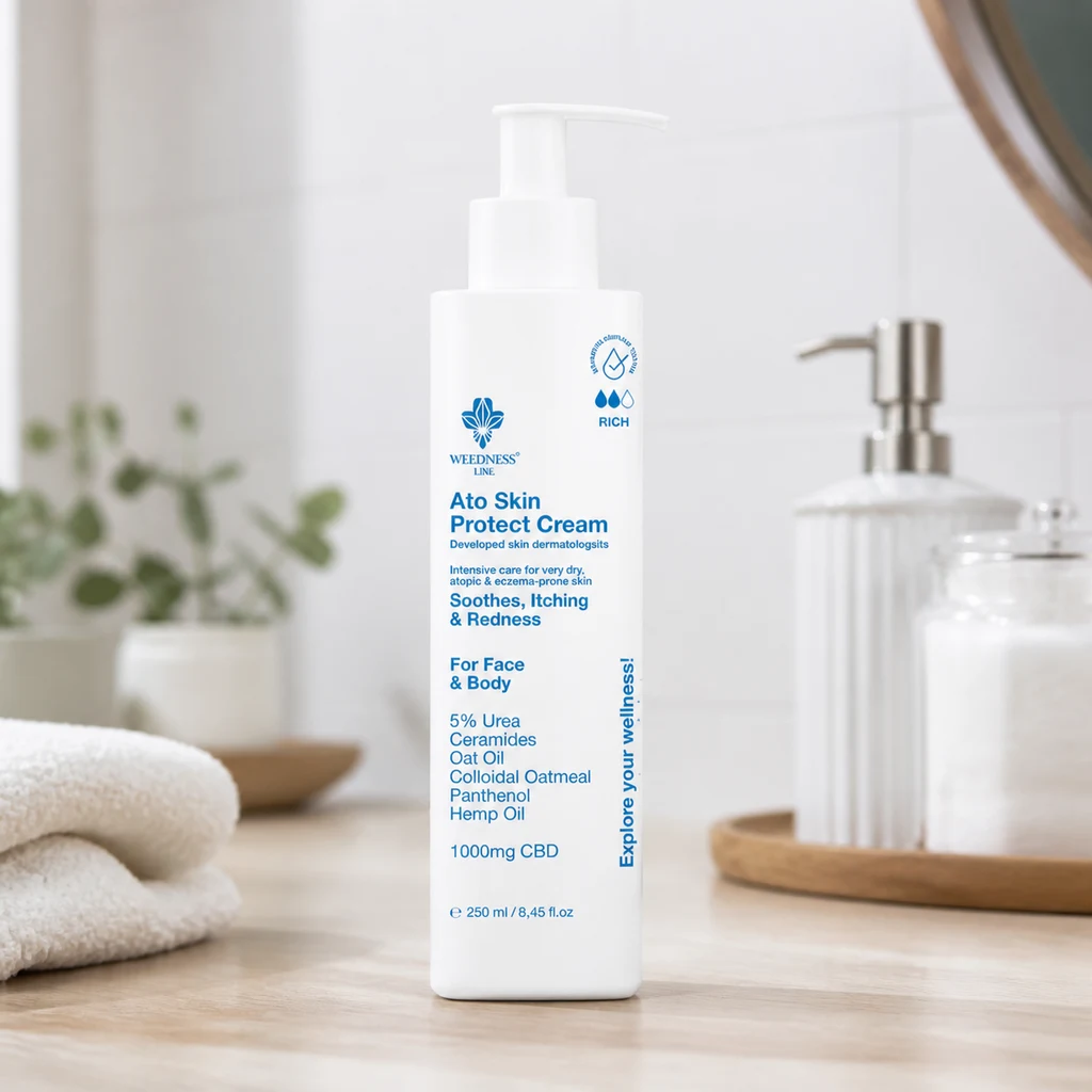 Envase blanco con dosificador de crema Weedness, con etiqueta azul de 1000 mg CBD y 250 ml, sobre una encimera junto a toallas.