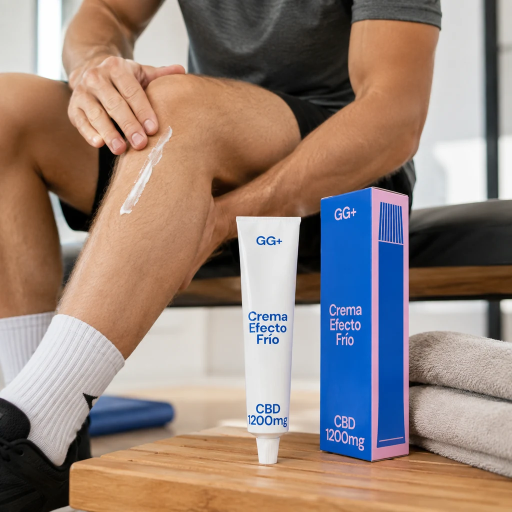 Persona aplicándose crema en la rodilla, con el tubo de Crema CBD Efecto Frío GG+ y su caja sobre un banco junto a unas toallas.