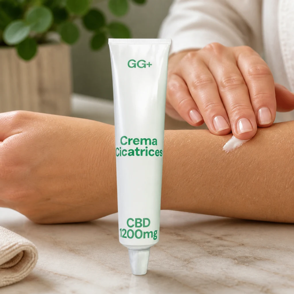 Tubo blanco de crema GG+ con la etiqueta «Crema Cicatrices, CBD 1200 mg», ante una mano que aplica crema en un antebrazo.