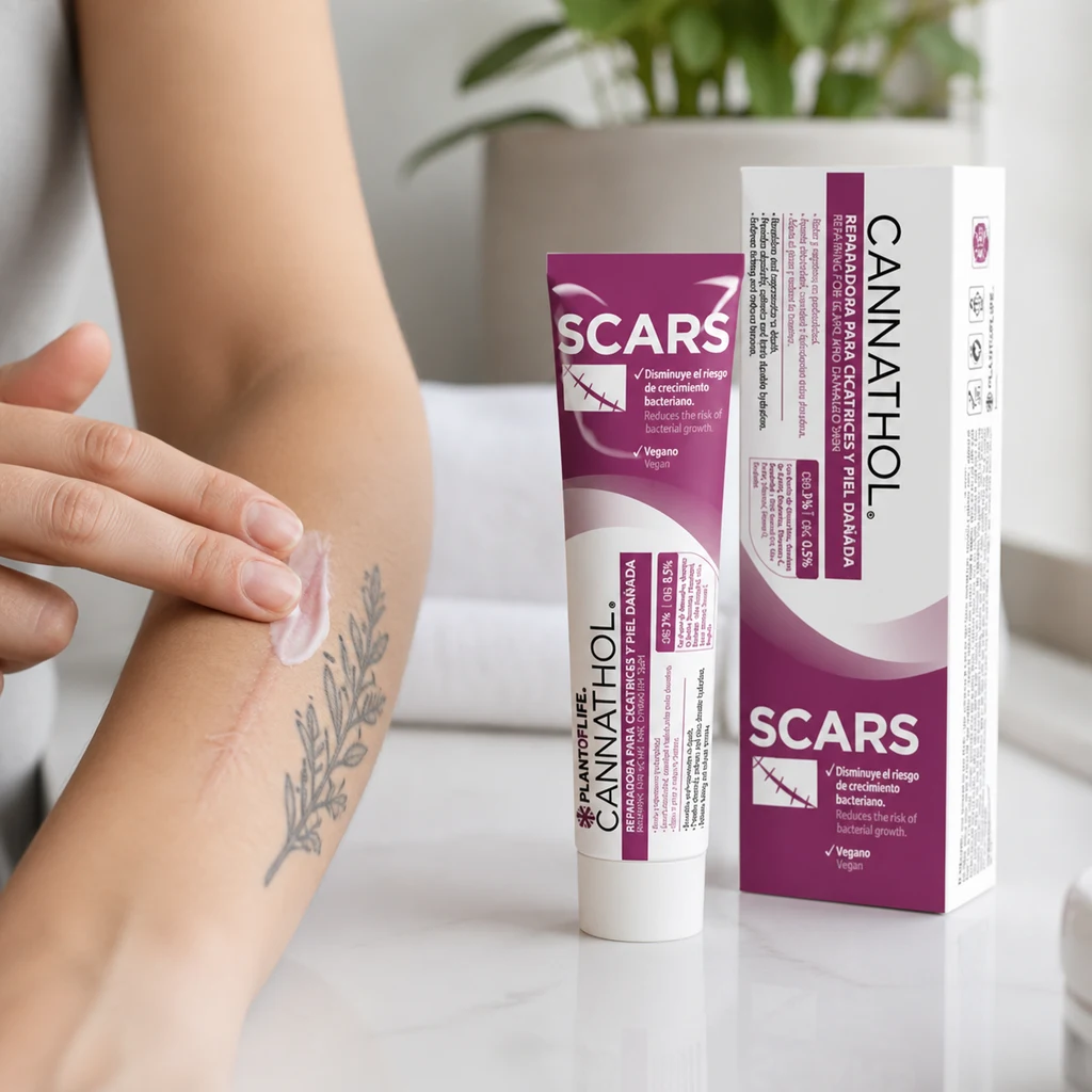 Aplicación de crema Cannathol Scars sobre un antebrazo tatuado con una marca lineal, junto al tubo y su caja blancos y morados.
