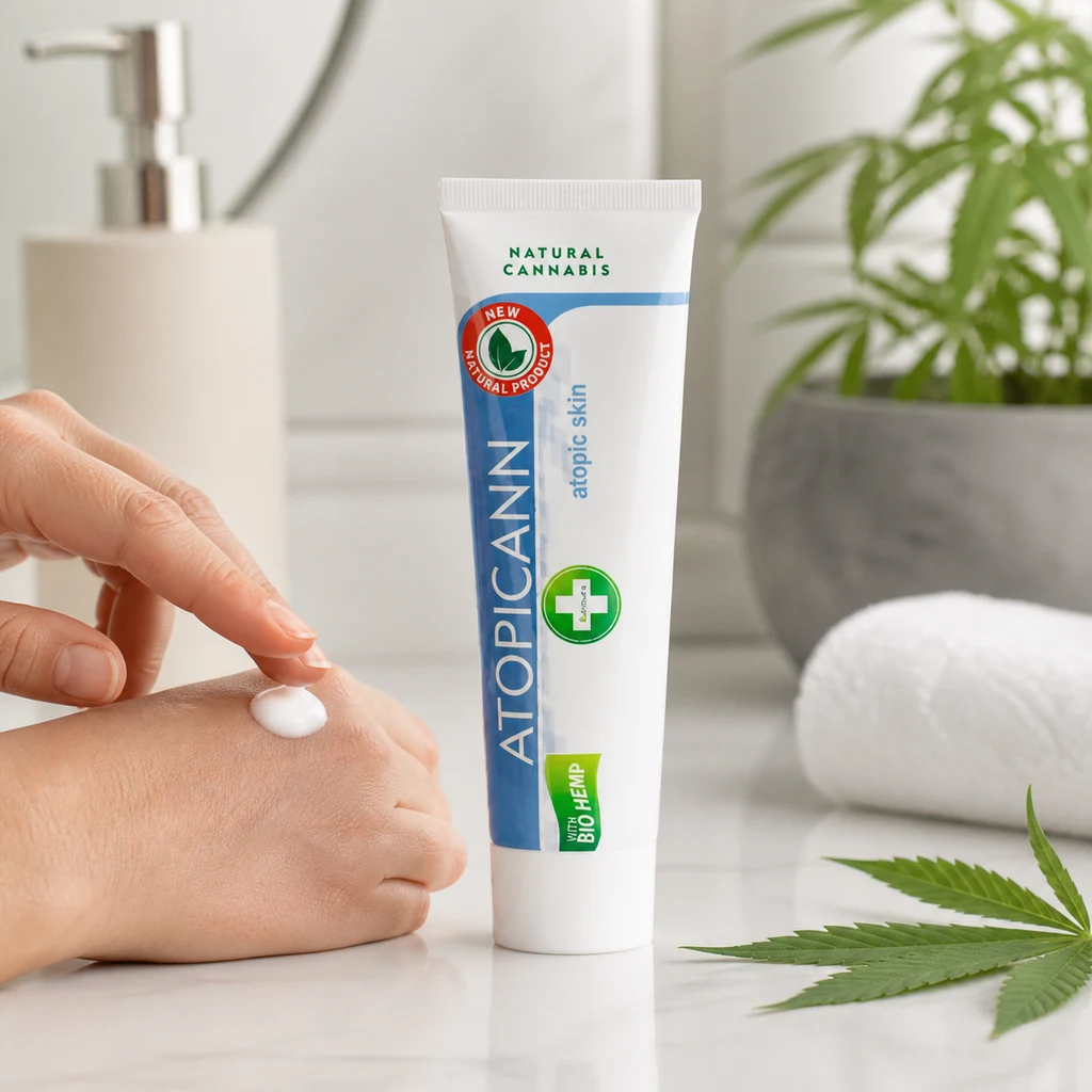 Tubo de crema ATOPICANN junto a unas manos que extienden crema sobre el dorso, con una toalla y hojas verdes alrededor.