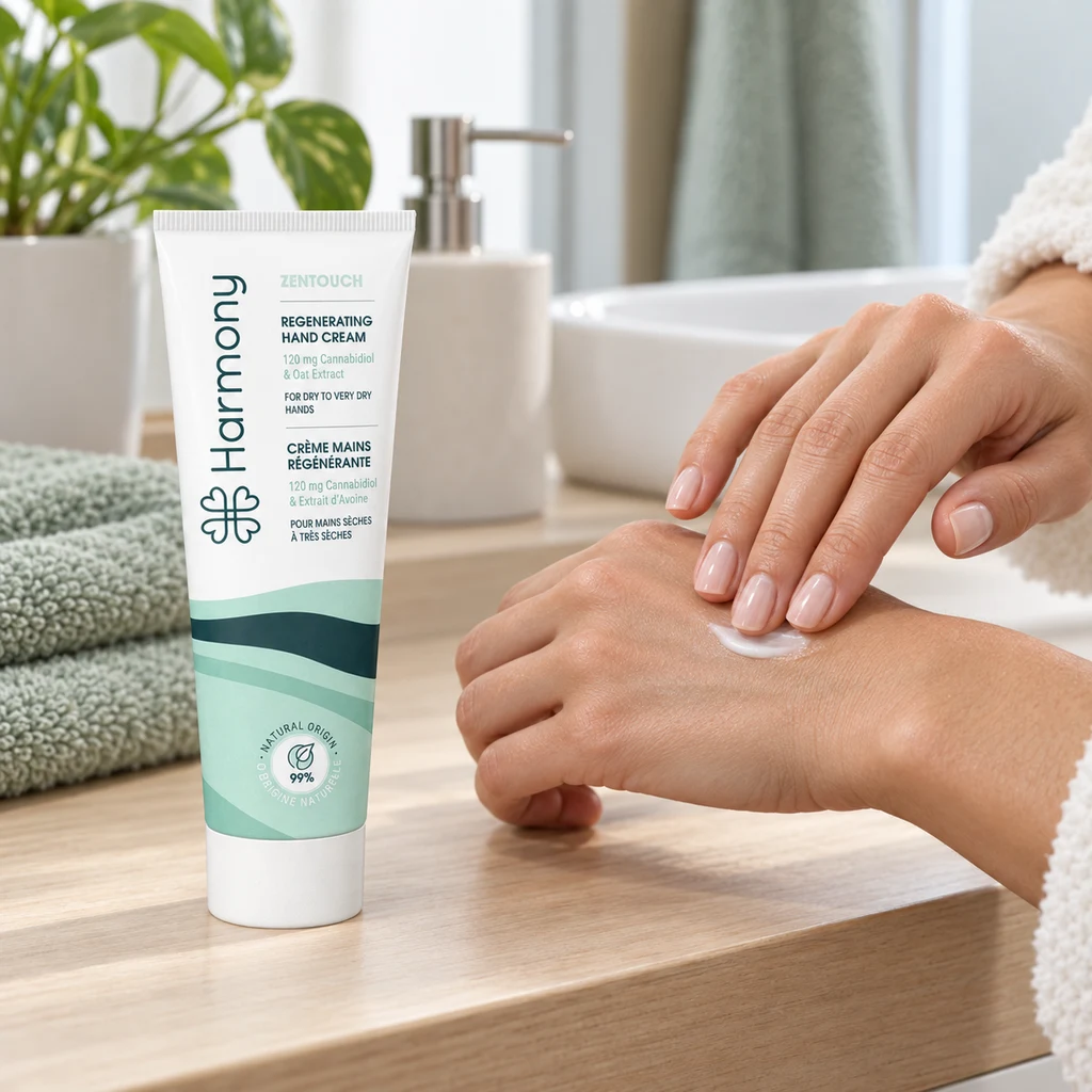 Escena generada de unas manos extendiendo crema junto a un tubo blanco y verde de Harmony Zentouch, con lavabo y toallas al fondo.