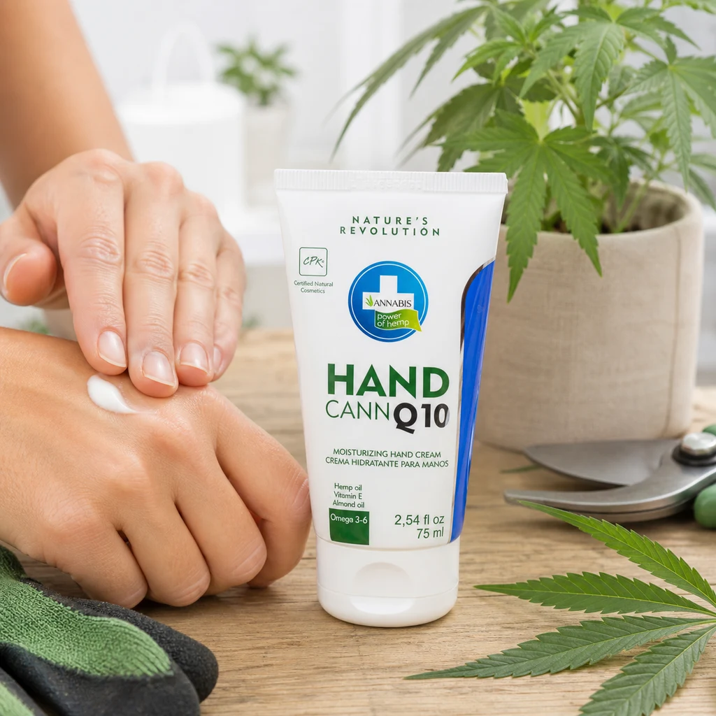 Tubo de crema Handcann Q10 de 75 ml junto a unas manos que extienden crema, una planta en maceta y tijeras de poda.