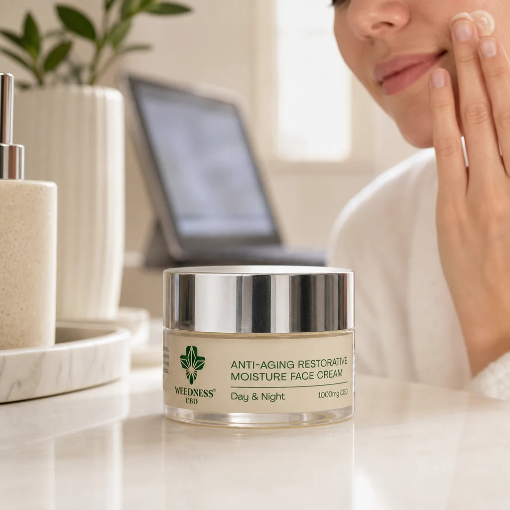 Tarro de crema facial Weedness con tapa plateada en primer plano y una persona aplicándose crema en la mejilla al fondo.