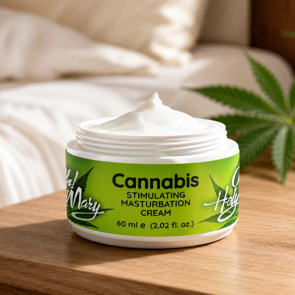 Tarro abierto de crema íntima de cannabis Oh! Holy Mary, con crema blanca y etiqueta verde, sobre una mesilla junto a una cama.