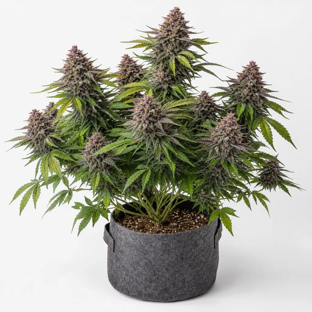 Planta de Criminal+ Feminizada en maceta gris, con numerosas ramas floridas, cogollos de tonos morados y hojas verdes sobre fondo blanco.