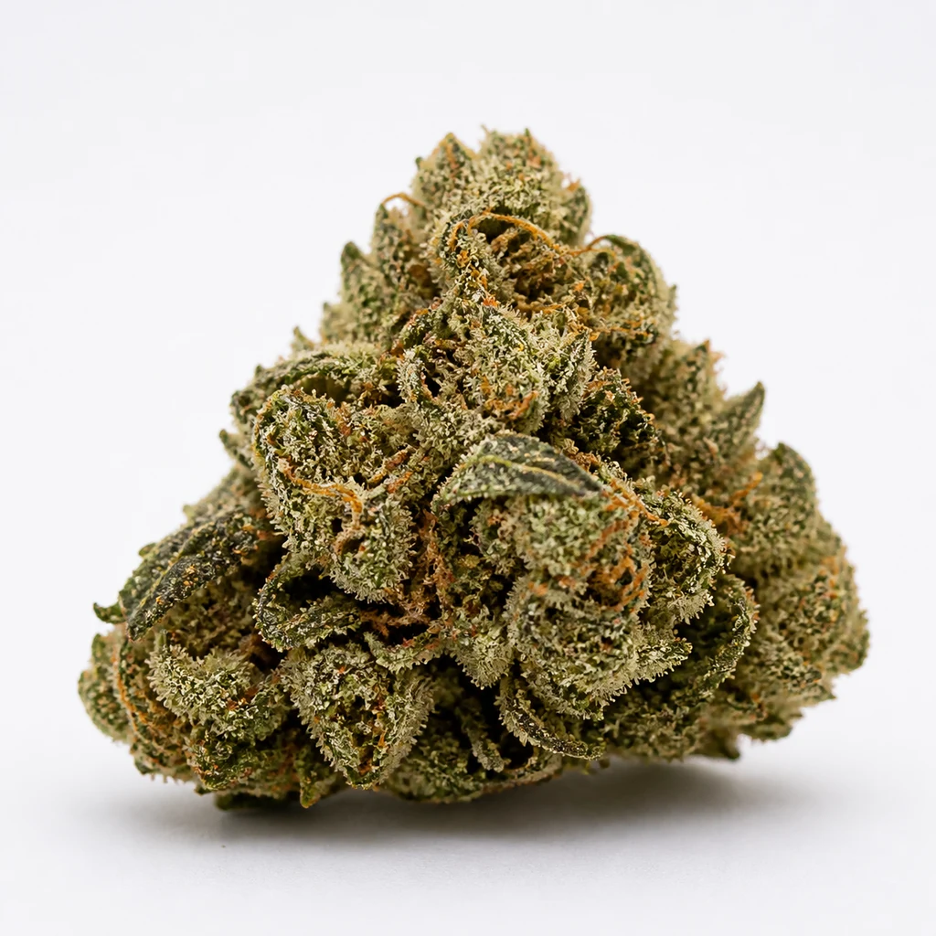Ilustración de un cogollo verde con filamentos anaranjados y superficie granulada para la ficha de Critical Auto de Blimburn Seeds.