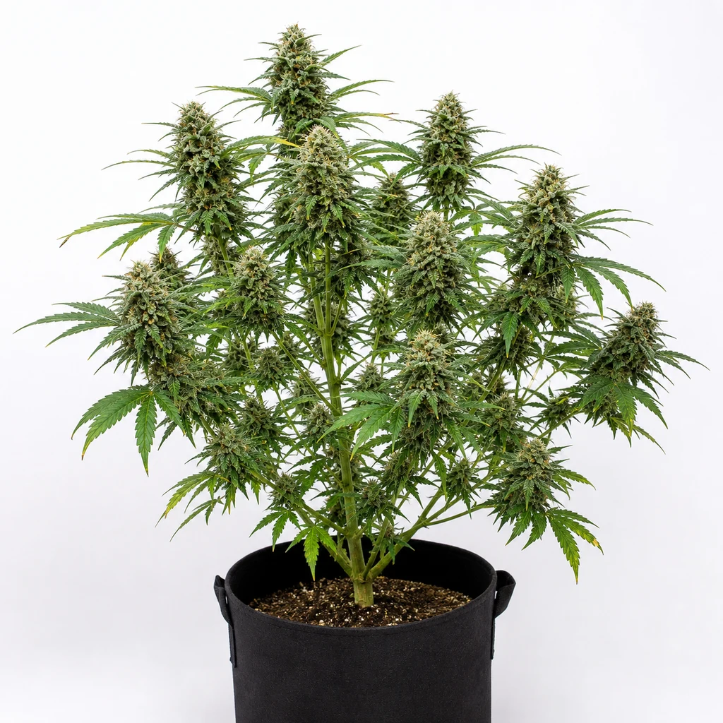 Ilustración de una planta en floración para la ficha de Critical Jack Feminizada, con varios cogollos y maceta negra de tela.