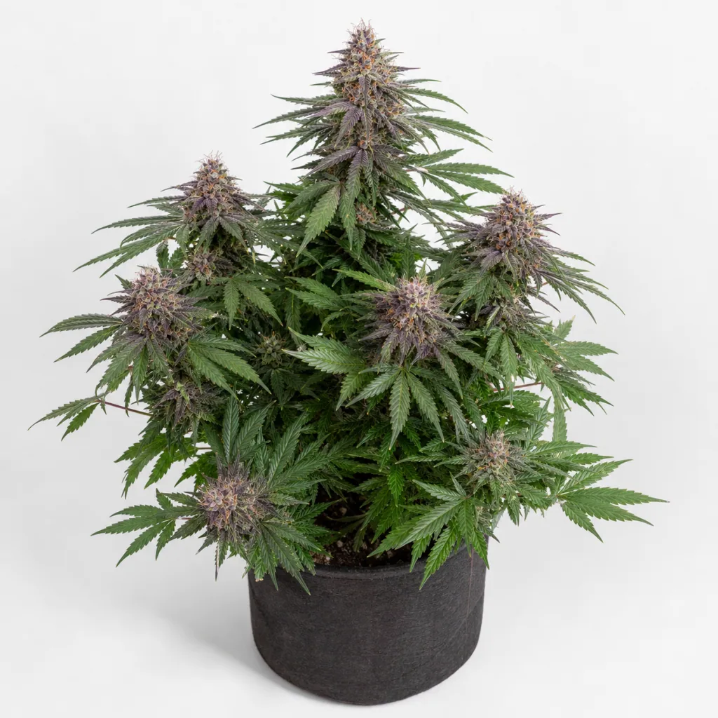 Planta de Critical Kush en maceta oscura, con varias colas florales de tonos violáceos y hojas verdes dentadas sobre fondo claro.