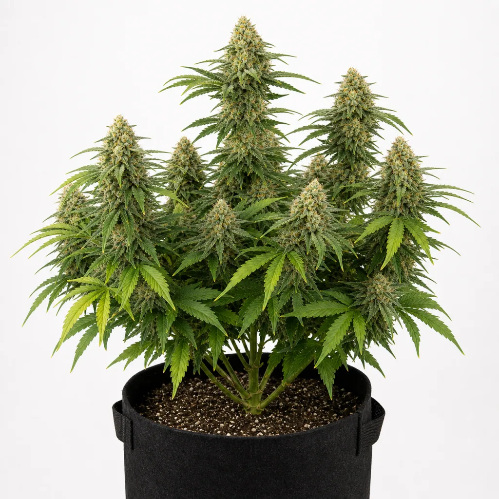 Planta de Critical Mass Mr Nice Feminizada con abundantes cogollos y hojas verdes en una maceta negra con asas, sobre fondo blanco.