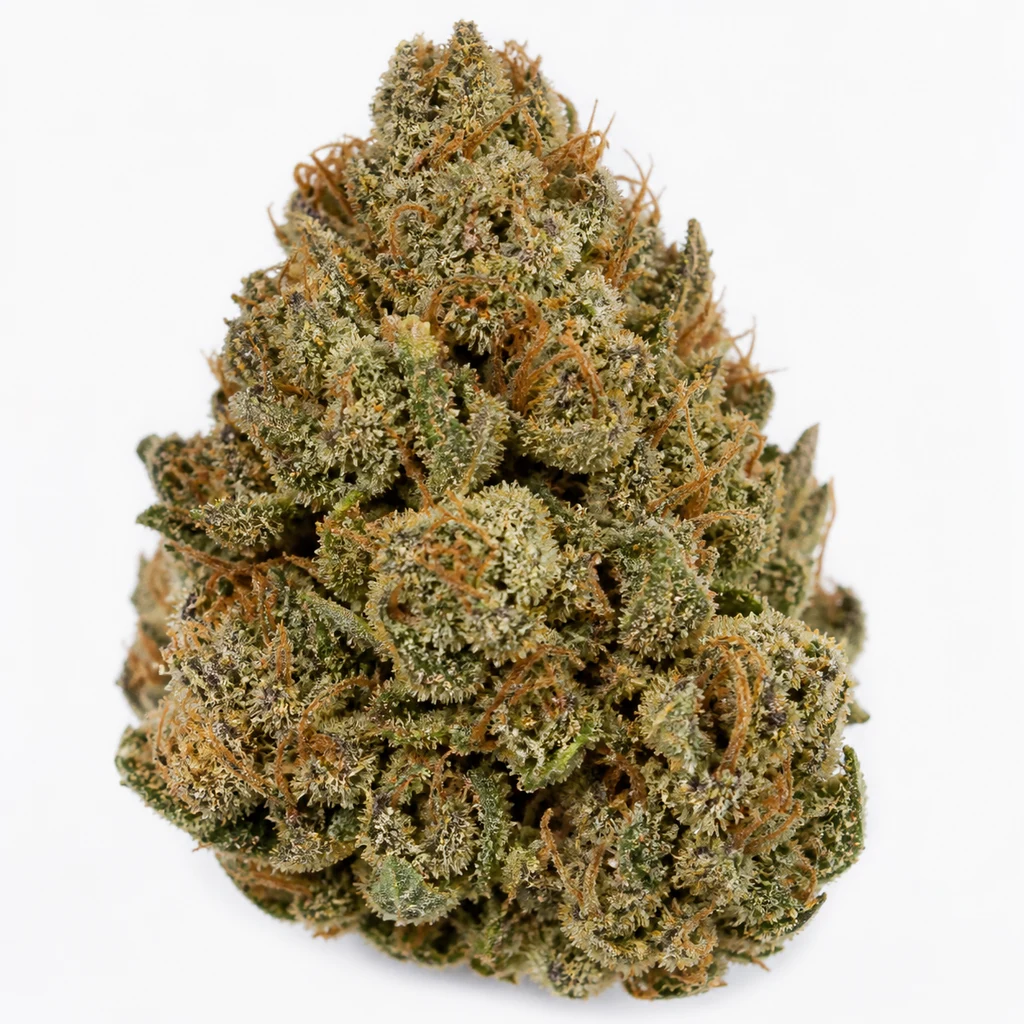Ilustración de un cogollo verde con filamentos anaranjados sobre fondo blanco para la ficha de Critical Feminizada de Royal Queen Seeds.