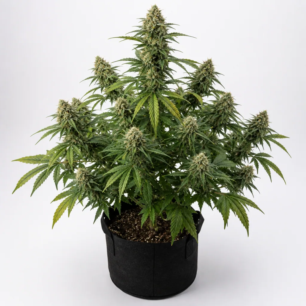 Planta de Critical Soma Feminizada en maceta textil negra, con varias ramas floridas y una cola central alta sobre fondo blanco.