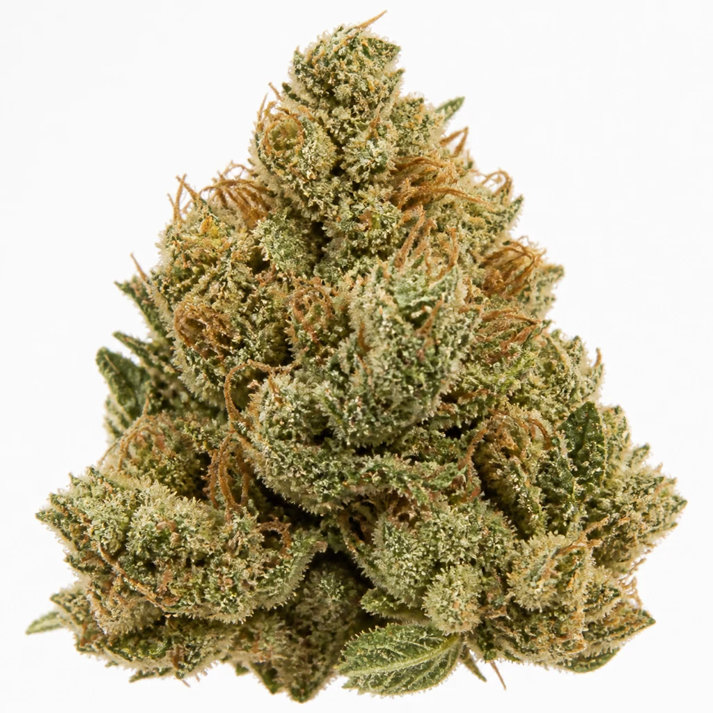 Ilustración de un cogollo verde con filamentos anaranjados y superficie escarchada para la ficha de Crystal Candy XL Auto® de Sweet Seeds.