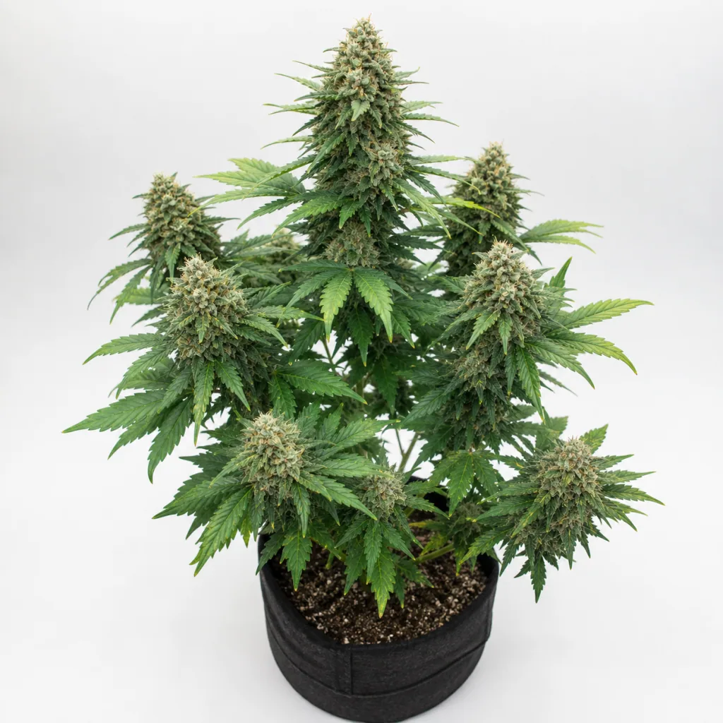 Planta de Crystal Meth 420 Autofloreciente en maceta de tela negra, con una cola central alta y cogollos laterales sobre fondo blanco.