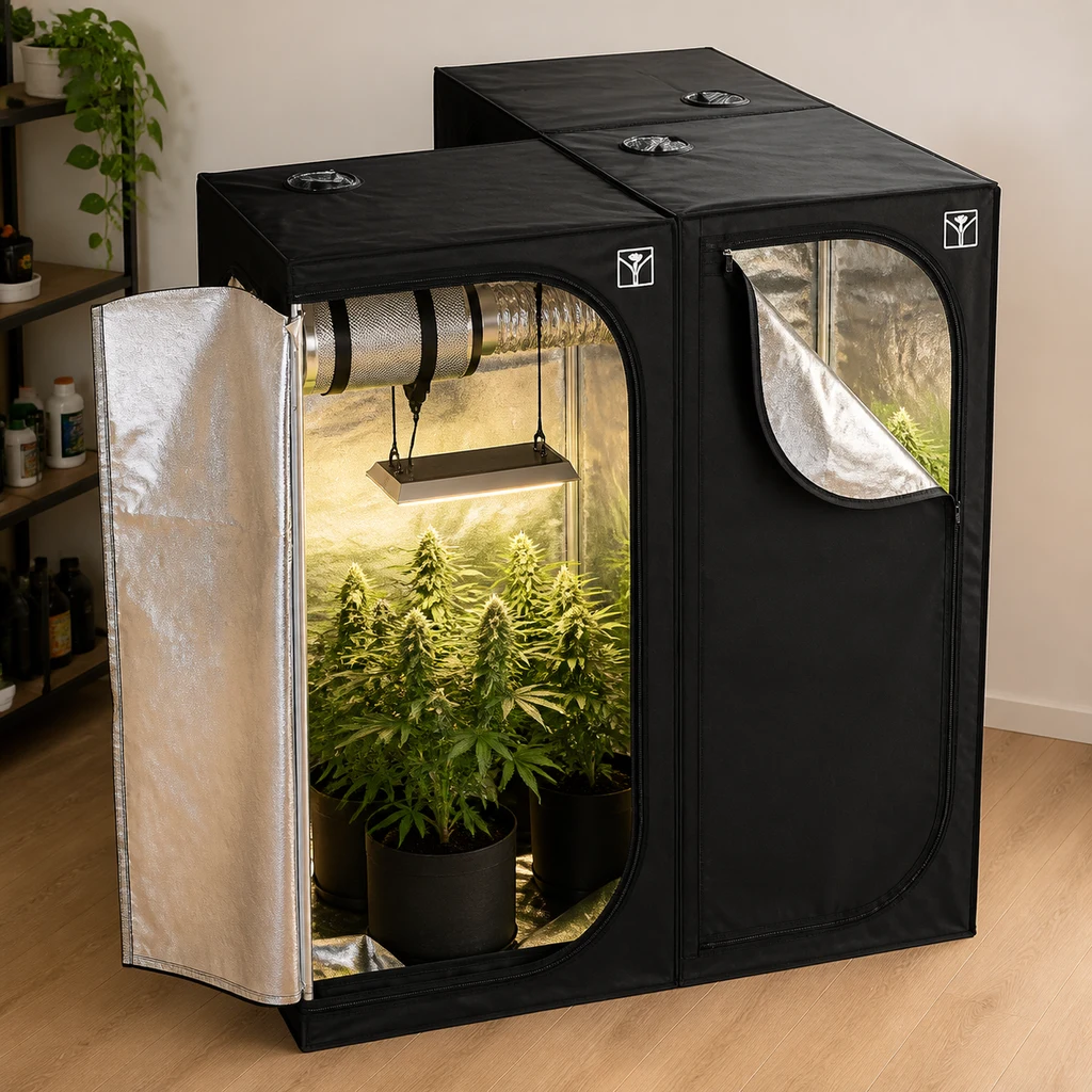 Escena generada del armario Cultibox SG-Combi negro, abierto, con interior reflectante, plantas en macetas, lámpara y conducto.