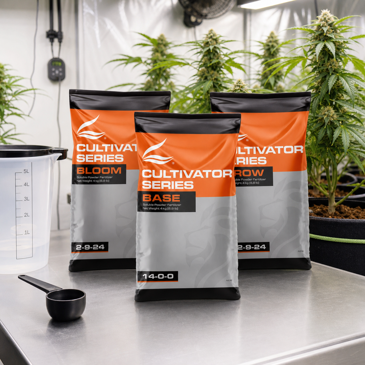 Bolsas Cultivator Series Base, Grow y Bloom sobre una mesa, con jarra graduada, cuchara y plantas de cannabis al fondo.
