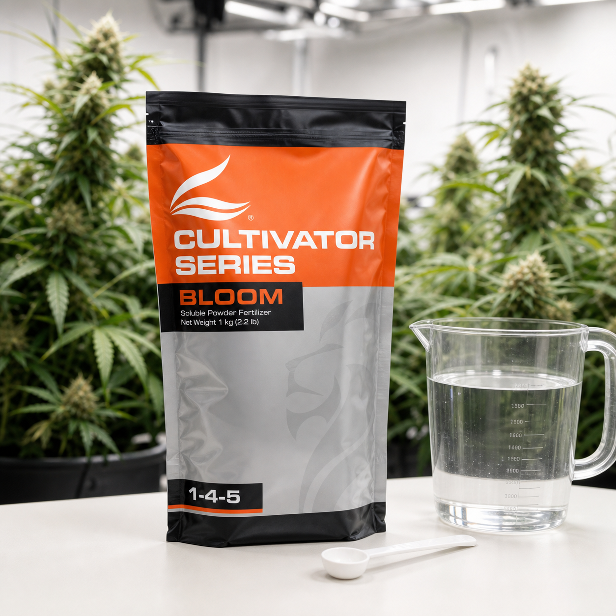Bolsa de Cultivator Series Bloom con etiqueta 1-4-5, junto a una jarra con agua y una cucharilla, ante plantas de cannabis.