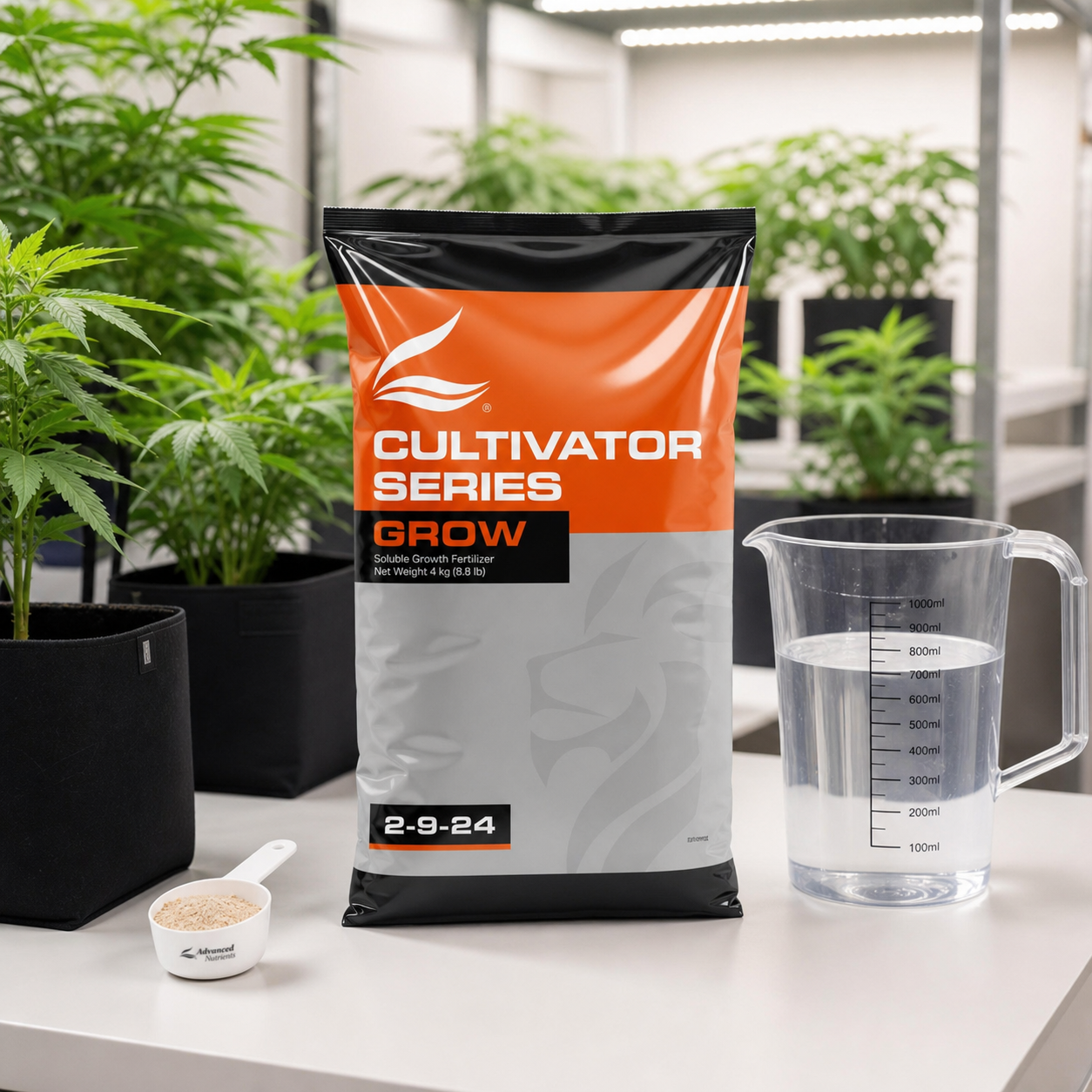 Bolsa Cultivator Series Grow de Advanced Nutrients junto a una jarra con agua y una cuchara con gránulos, con plantas al fondo.