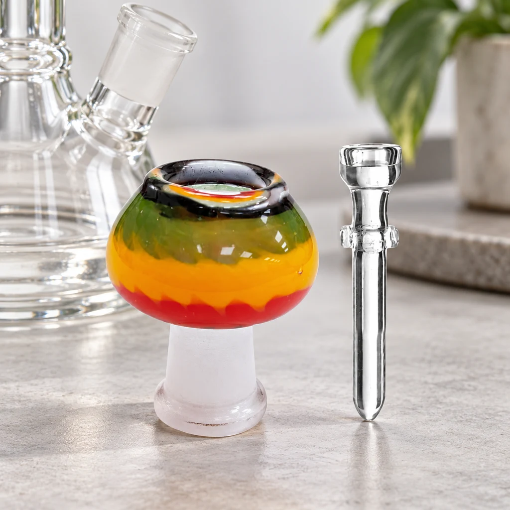 Cúpula Rasta para bong con franjas verdes, amarillas y rojas, junto a un clavo transparente y un bong parcialmente visible.