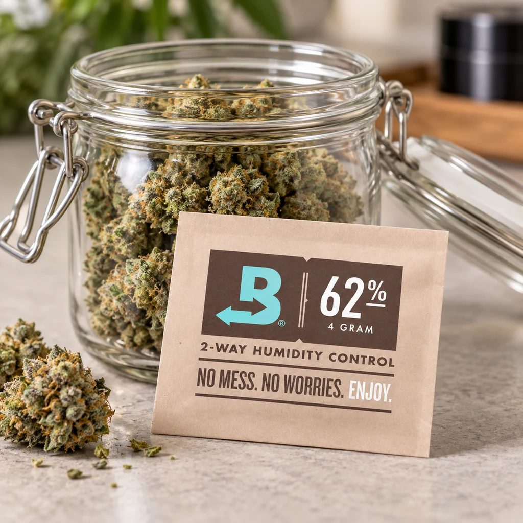 Sobre Boveda con etiqueta de 62 % y 4 gramos delante de un tarro abierto con cogollos, con otros cogollos sobre la mesa.