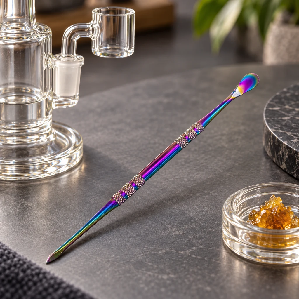 Dabber arcoíris con zonas de agarre texturadas, punta fina y extremo de cuchara, junto a una pieza de vidrio y un tarro con concentrado.