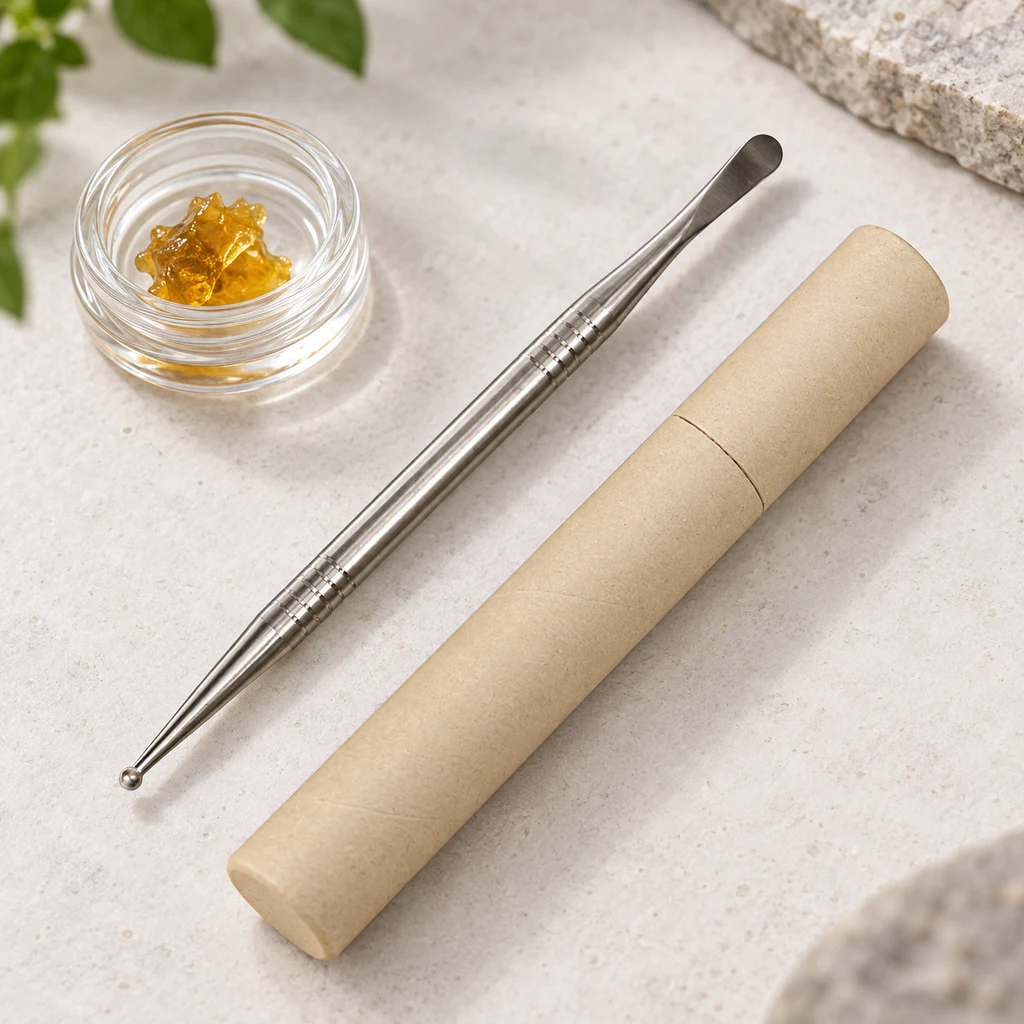 Escena generada de un dabber de titanio con extremos de bola y espátula, junto a un tubo de cartón y un tarro con sustancia ámbar.