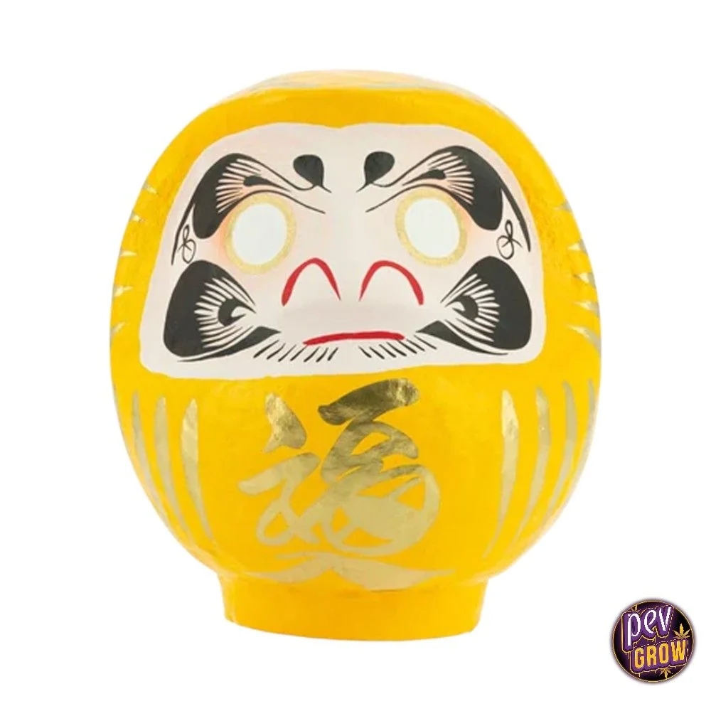 Dáruma amarillo dorado con rostro blanco, cejas y bigote negros, ojos sin pupilas y un gran carácter dorado en el cuerpo sobre fondo blanco.