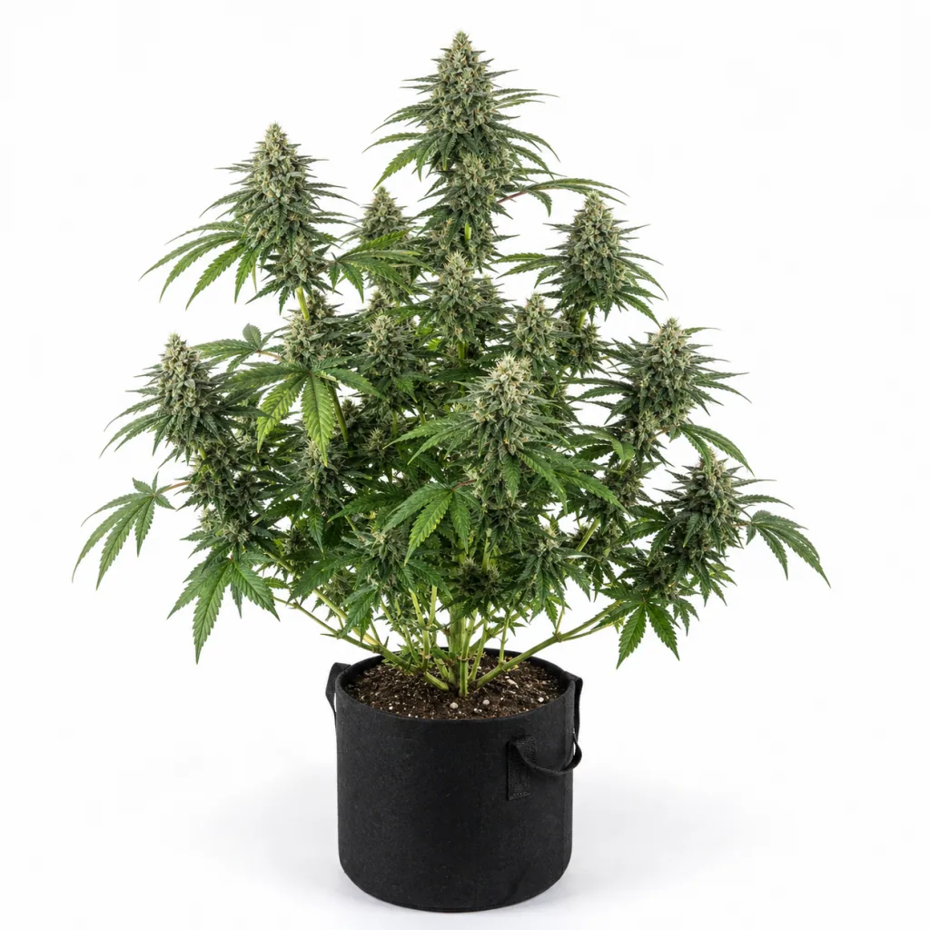 Planta de Dark Domina feminizada en floración, con abundantes cogollos y hojas verdes, en maceta de tela negra sobre fondo blanco.