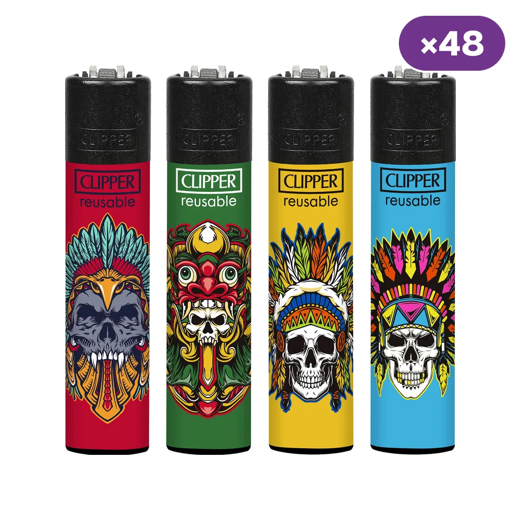 Cuatro diseños de encendedor Clipper Dark Heaven 3 en rojo, verde, amarillo y azul, con calaveras y tocados; distintivo ×48.
