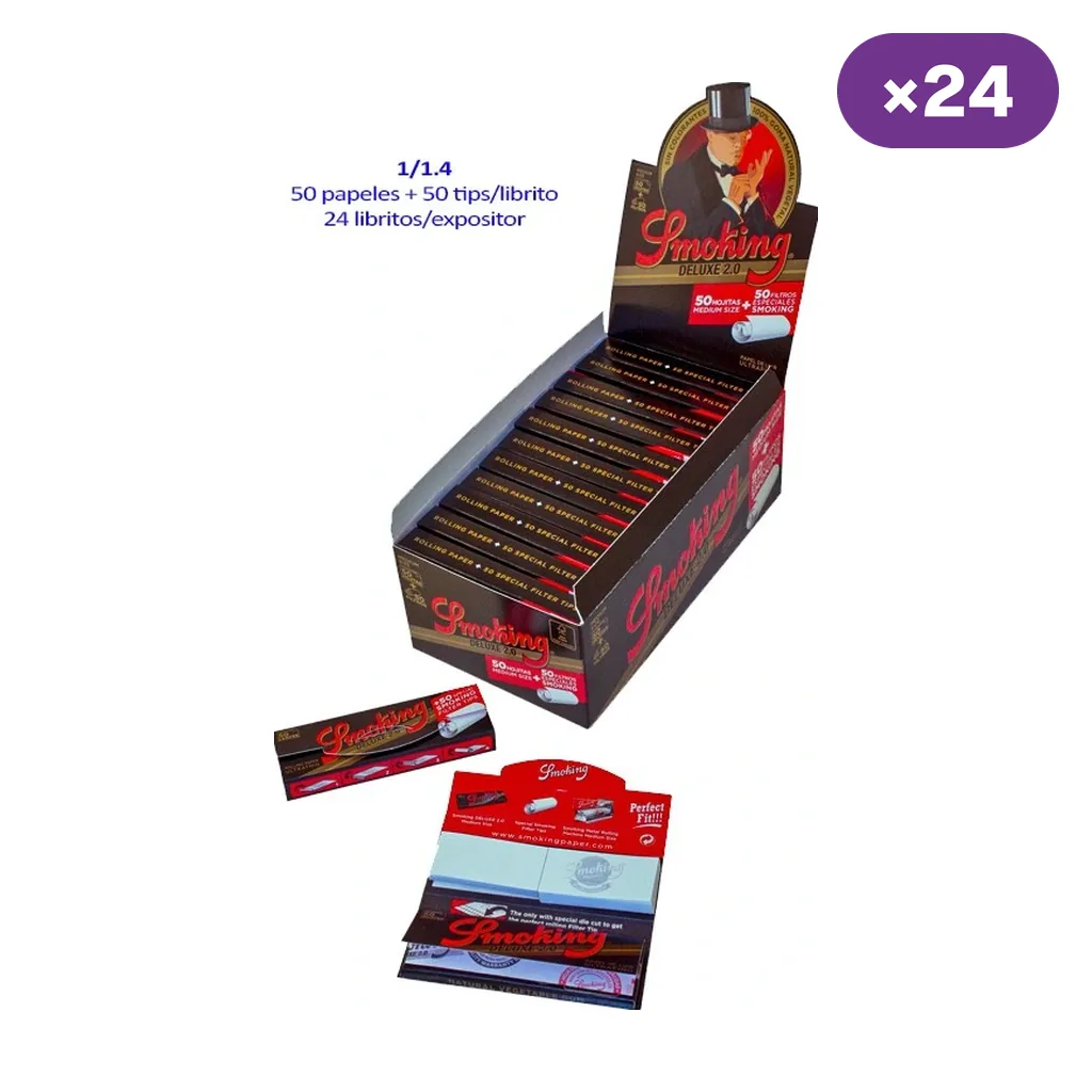 Expositor Smoking De Luxe 2.0 con libritos negros y rojos, uno cerrado y otro abierto mostrando papeles y boquillas de cartón.