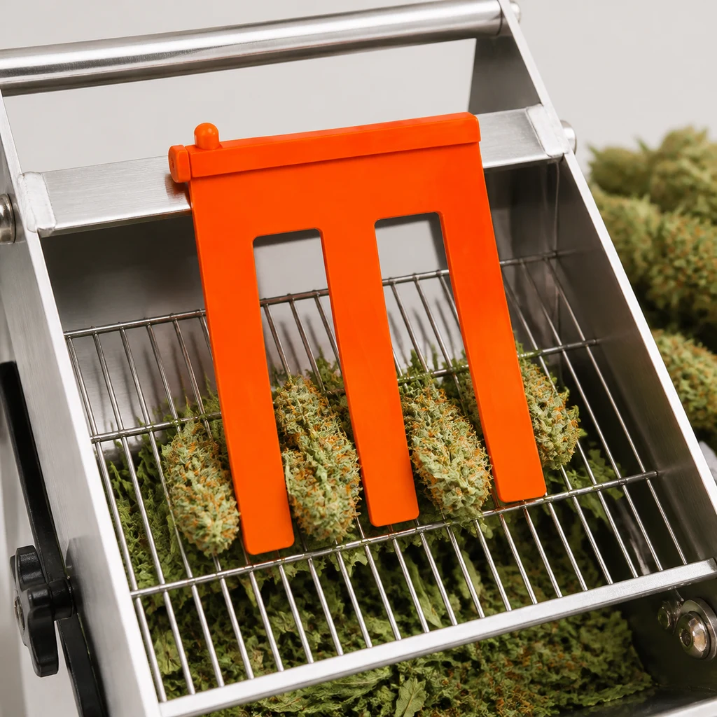 Recambio naranja de dedos Leaf Cutter Super Grower colocado sobre la rejilla de una máquina metálica con cogollos.