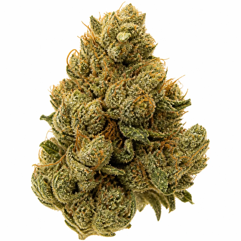 Ilustración de un cogollo verde con filamentos anaranjados para la ficha de Delahaze Feminizada de Paradise Seeds, sobre fondo blanco.