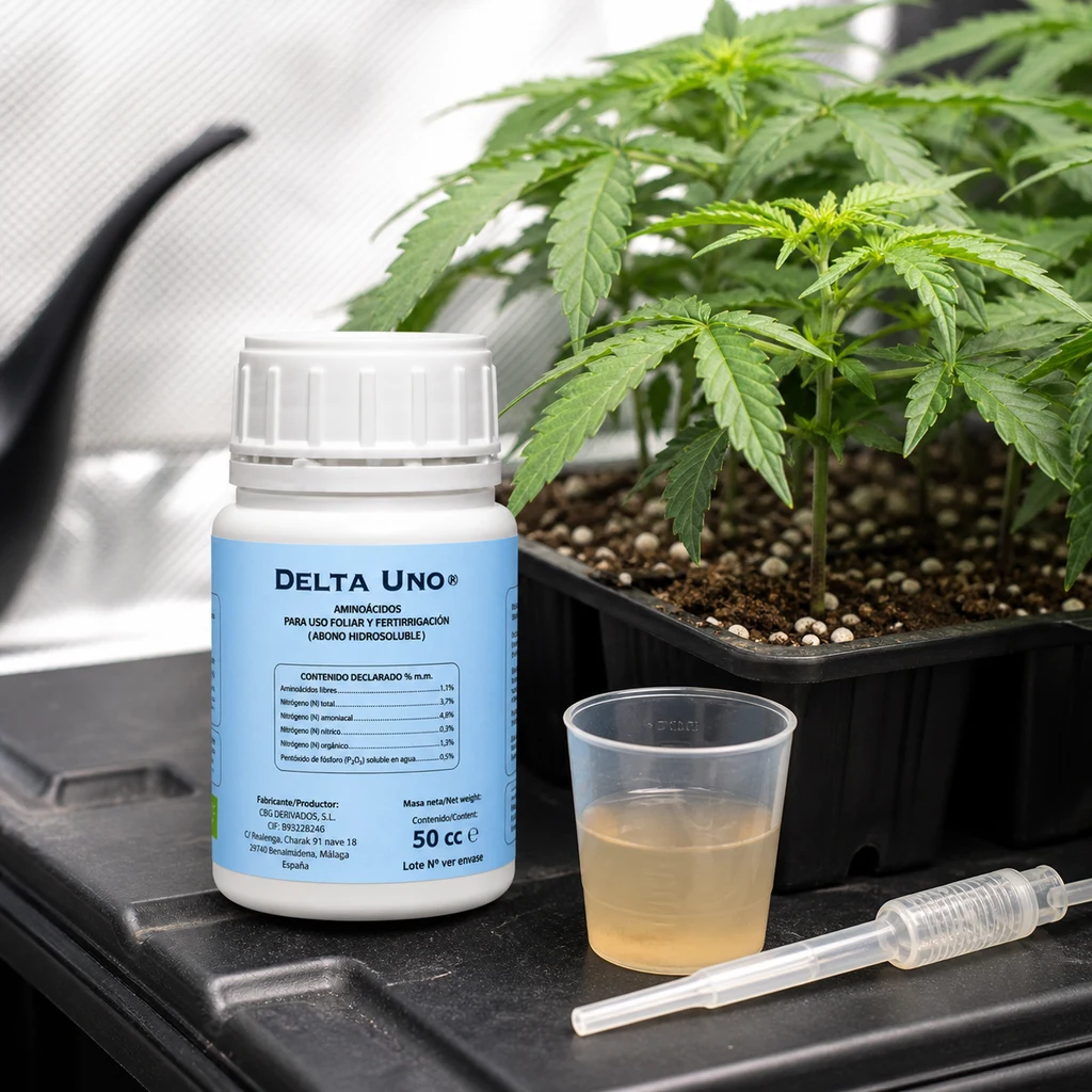 Escena generada de un frasco Delta Uno junto a un vaso con líquido amarillento y una pipeta, delante de plantas en maceta.