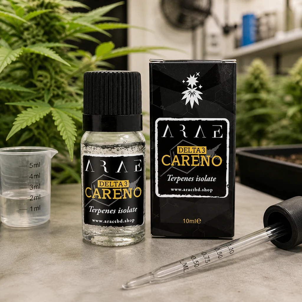 Frasco de Delta 3 Careno ARAE con su caja negra, un vaso medidor y una pipeta graduada sobre una mesa, con plantas al fondo.