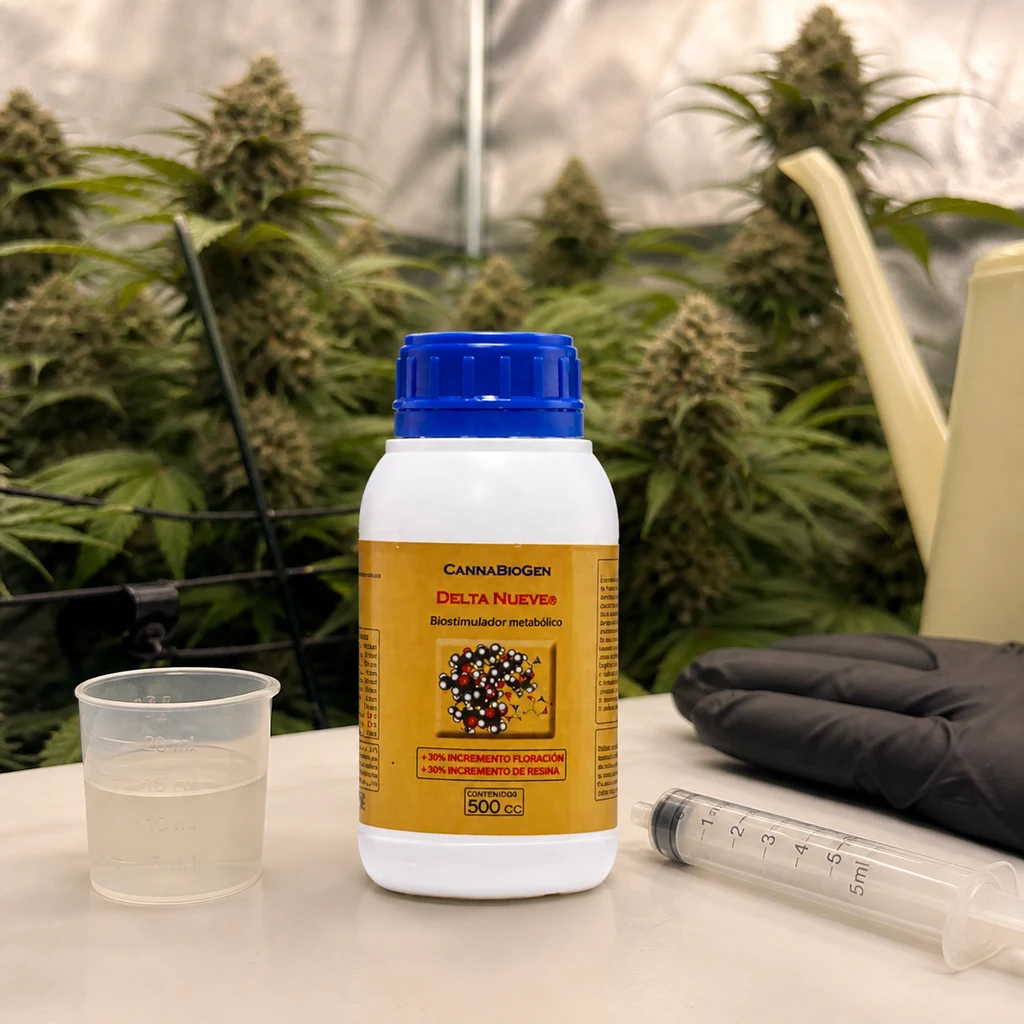 Bote Cannabiogen Delta 9 con tapón azul, junto a vaso dosificador, jeringa y guantes negros, con plantas de cannabis al fondo.