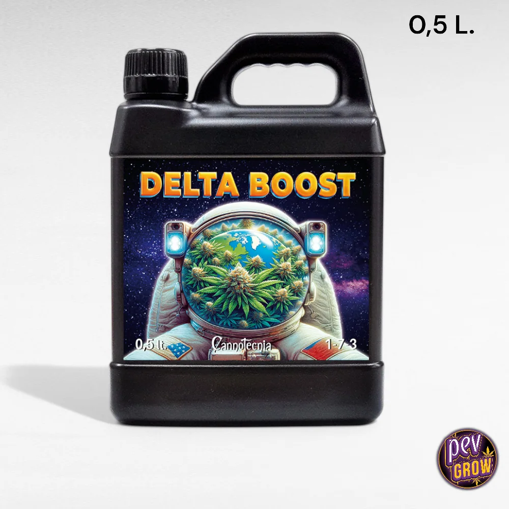 Garrafa negra de Delta Boost Cannotecnia de 0,5 L, con asa y etiqueta de un astronauta cuyo visor muestra plantas de cannabis.
