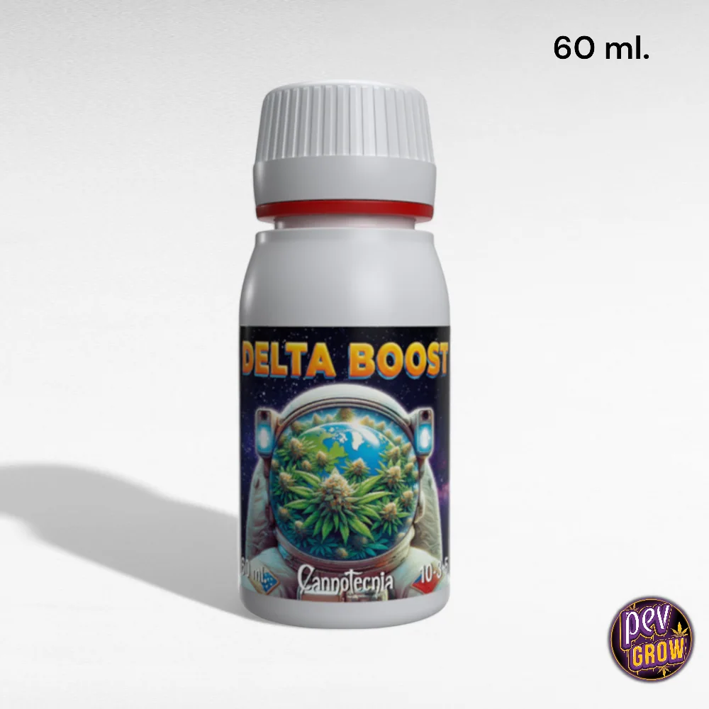 Bote blanco de Delta Boost Cannotecnia con tapón estriado y etiqueta ilustrada con un casco de astronauta y plantas de cannabis.