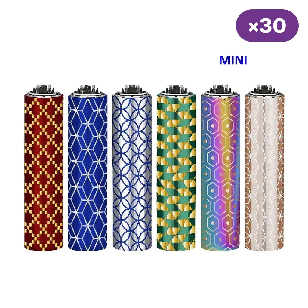 Seis modelos de encendedor Clipper Mini con fundas de distintos colores y patrones geométricos, junto a las indicaciones «MINI» y «×30».