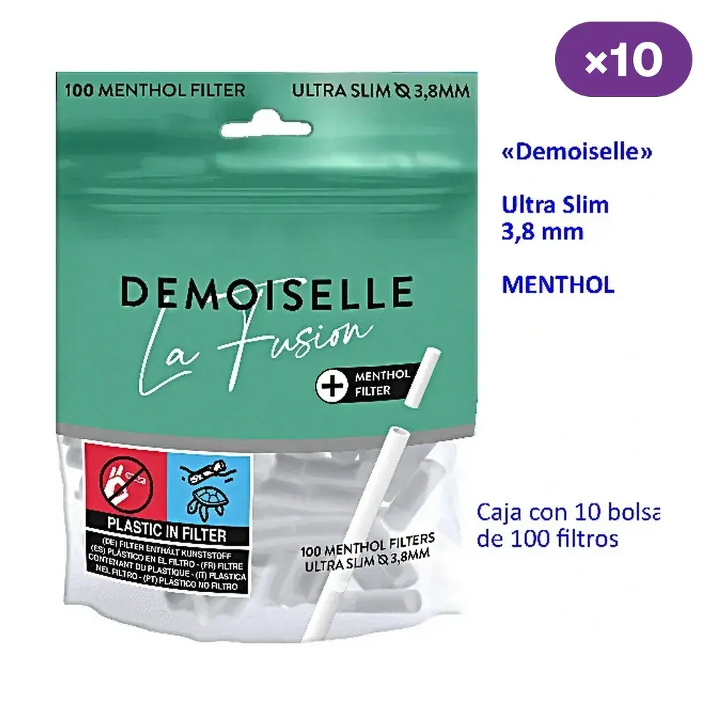 Bolsa verde de filtros Demoiselle La Fusion Menthol con base transparente y filtros blancos; un rótulo indica diez bolsas de cien filtros.