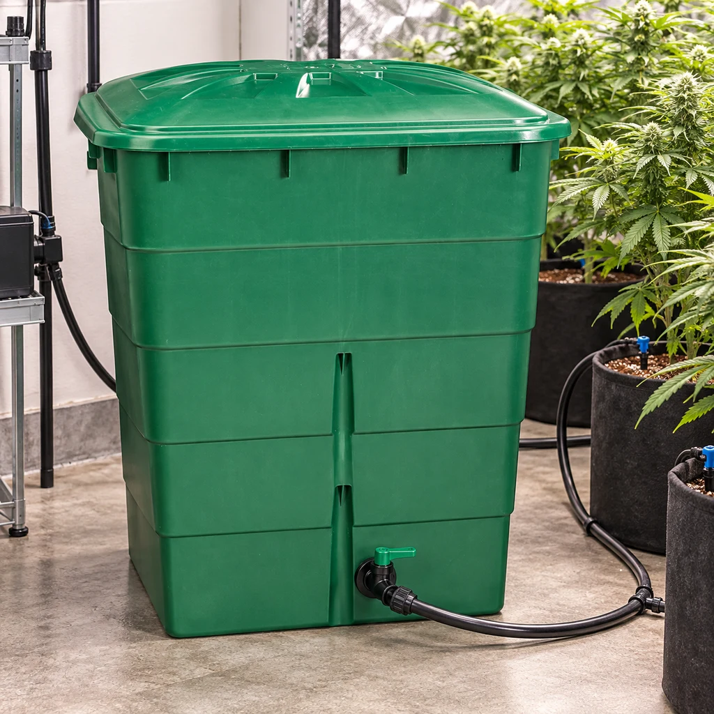 Depósito de agua cuadrado verde con tapa y grifo inferior conectado a una manguera, junto a plantas en macetas en interior. Depósito de agua cuadrado verde con tapa y grifo inferior conectado a una manguera, junto a plantas en macetas en interior.