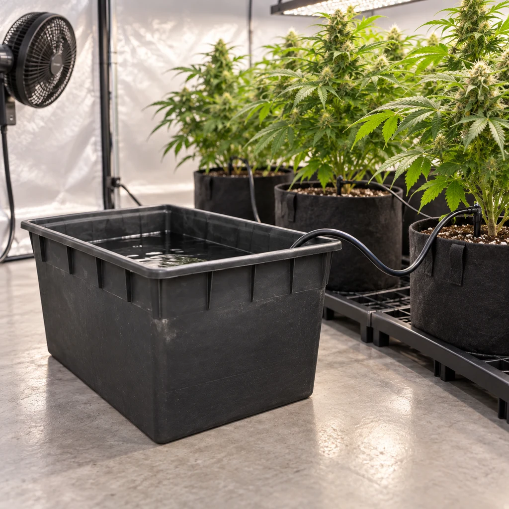 Depósito rectangular negro abierto con agua y una manguera sobre el borde, junto a plantas en macetas en un cultivo interior.