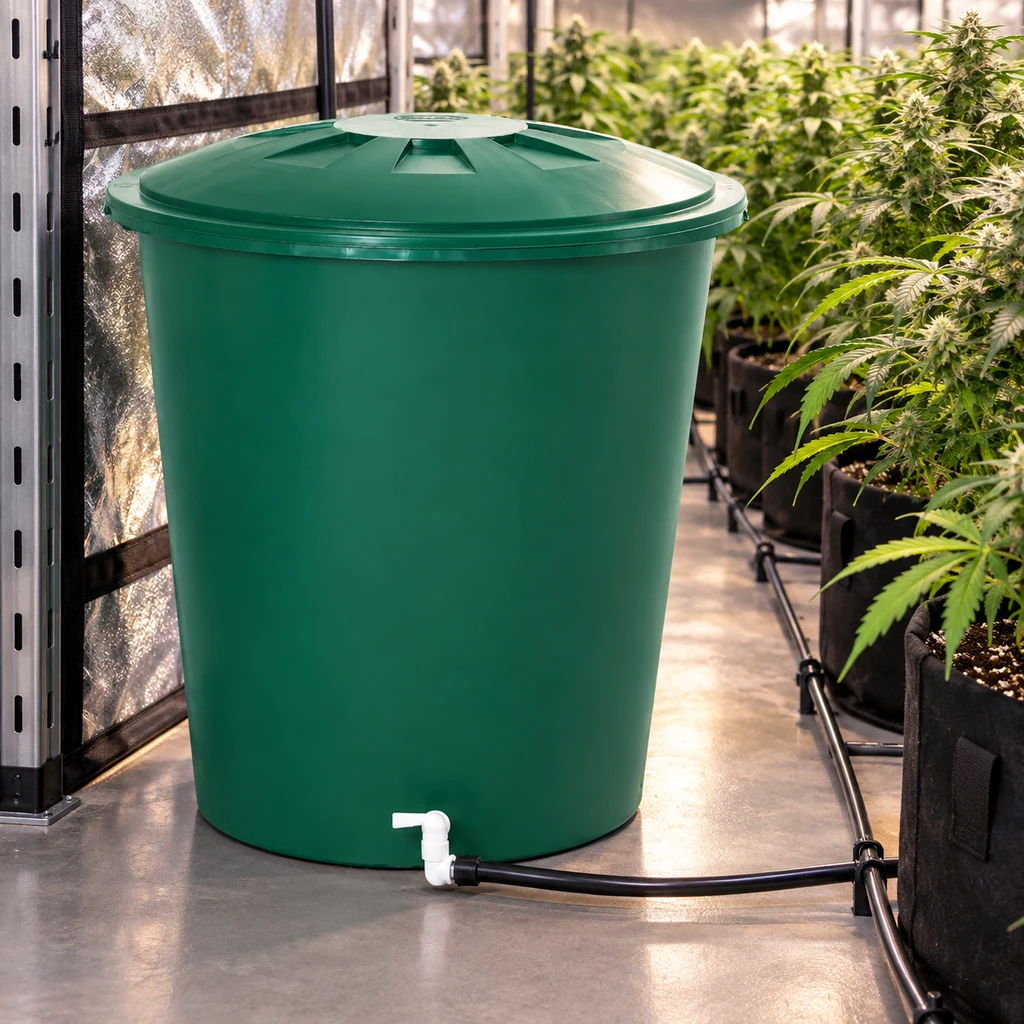 Depósito redondo verde con tapa y grifo blanco conectado a una manguera negra, junto a macetas con plantas en un cultivo interior. Depósito redondo verde con tapa y grifo blanco conectado a una manguera negra, junto a macetas con plantas en un cultivo interior.