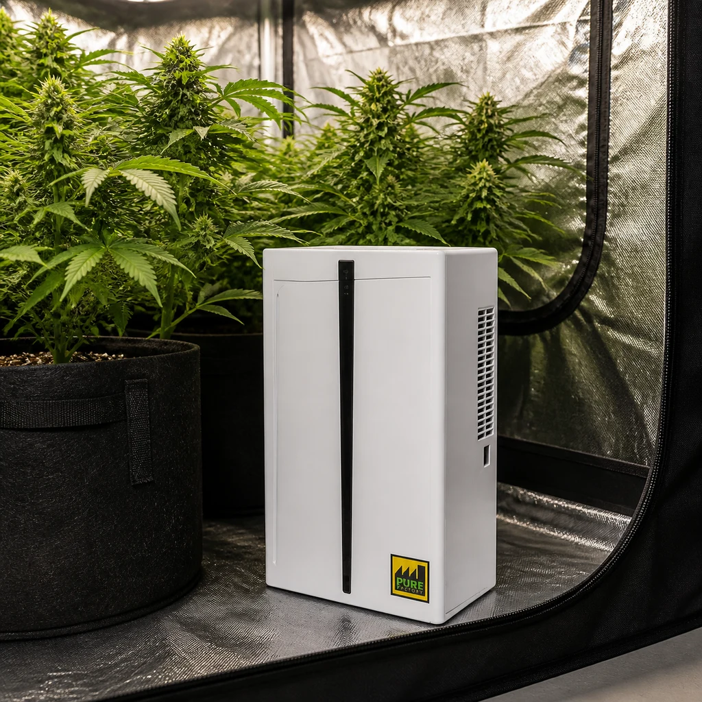 Escena generada de un deshumidificador blanco Pure Factory con franja frontal negra, junto a plantas en un armario de cultivo reflectante.