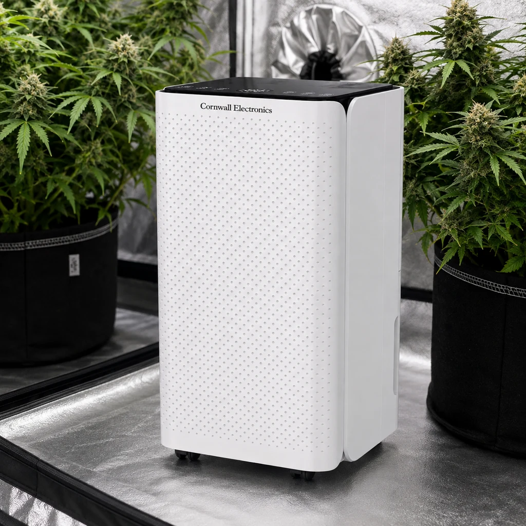 Deshumidificador Cornwall Electronics blanco con frontal perforado, entre plantas de cannabis en un armario de cultivo, en una escena generada.