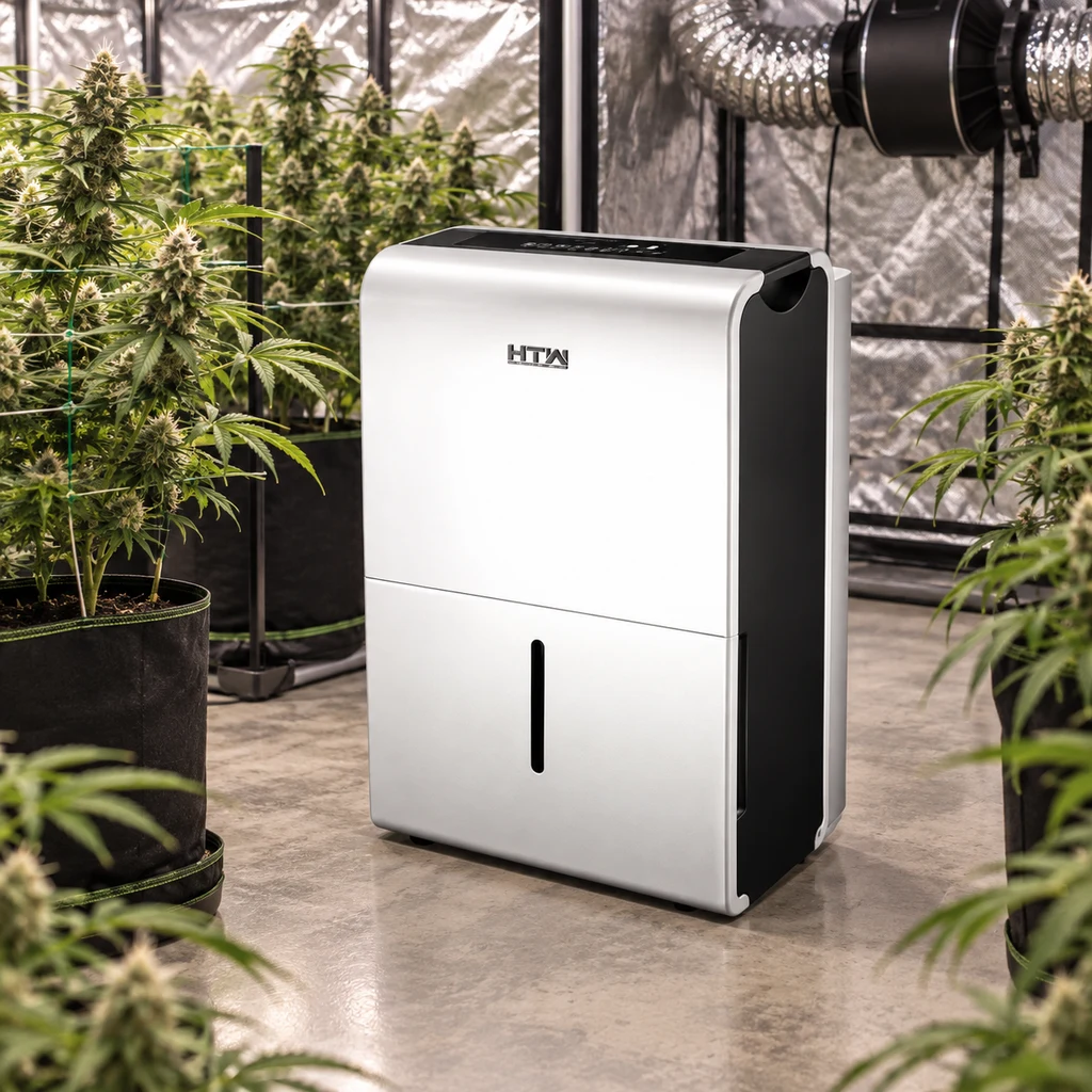 Escena generada del deshumidificador HTW blanco y negro entre plantas de cannabis, con paredes reflectantes y conducto de ventilación al fondo.