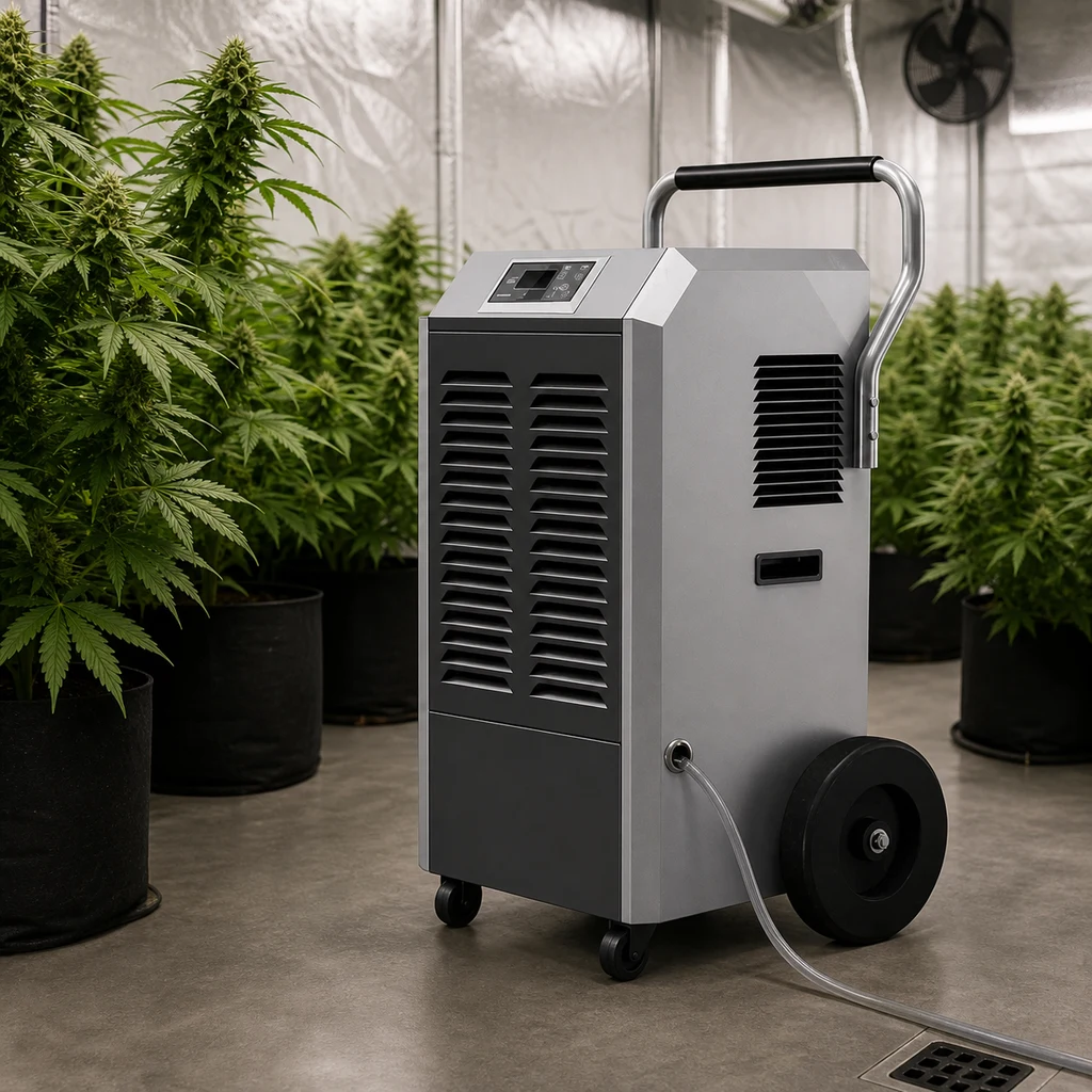 Deshumidificador Desert 90L Cyclone gris con rejillas, panel superior, asa y ruedas, entre plantas de cannabis, con tubo hacia un desagüe.