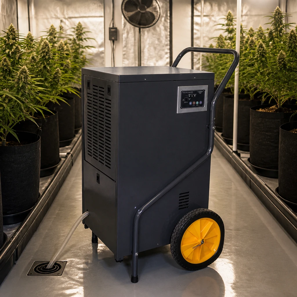 Deshumidificador industrial con asa, rueda amarilla y tubo hacia un desagüe, entre hileras de plantas de un cultivo interior.