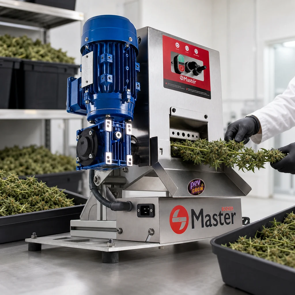 Escena generada de una Master Bucker con motor azul; unas manos con guantes acercan ramas de cannabis a su abertura, entre bandejas.