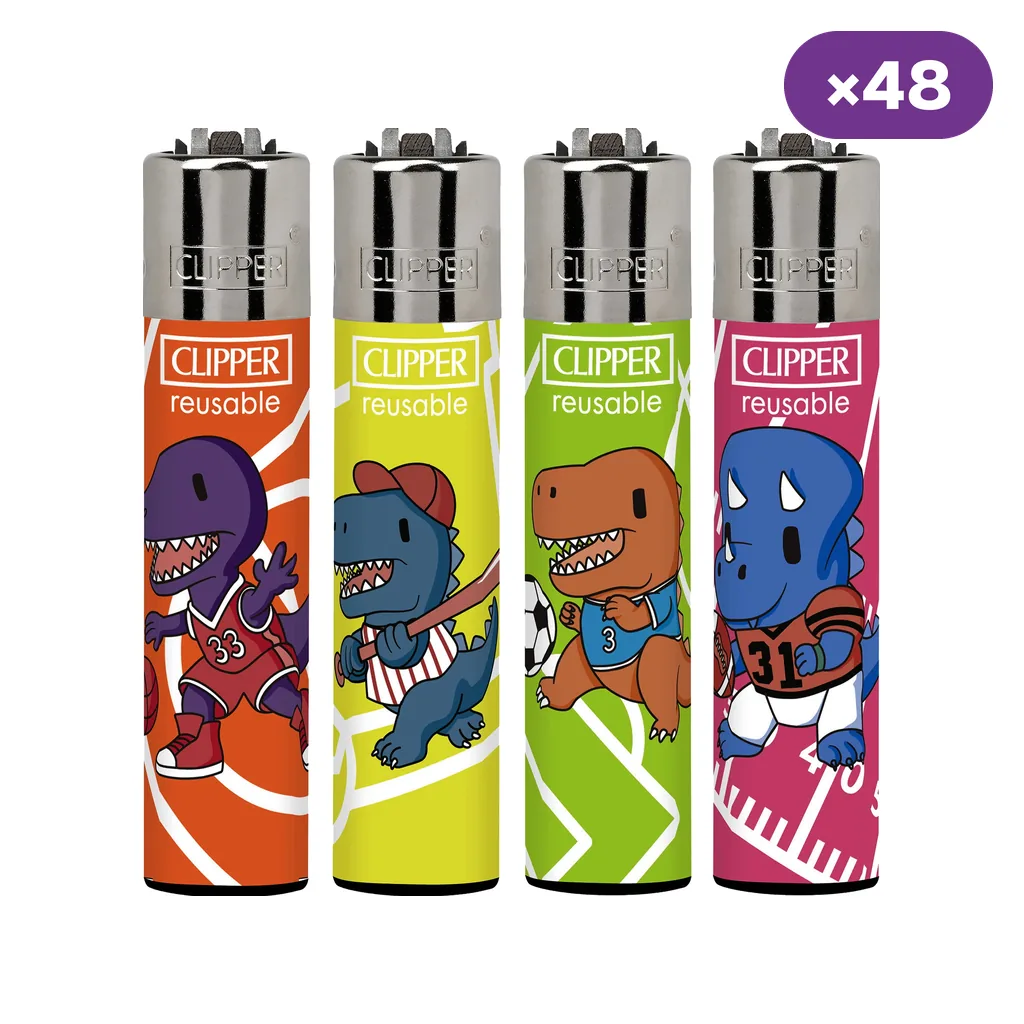 Encendedores Clipper Dino Sports con distintos diseños de dinosaurios deportistas sobre fondos de colores y distintivo de 48 unidades.